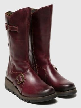 Fly London Mes 2 Petrol Leather Low Wedge  Calf Boots Purple 37